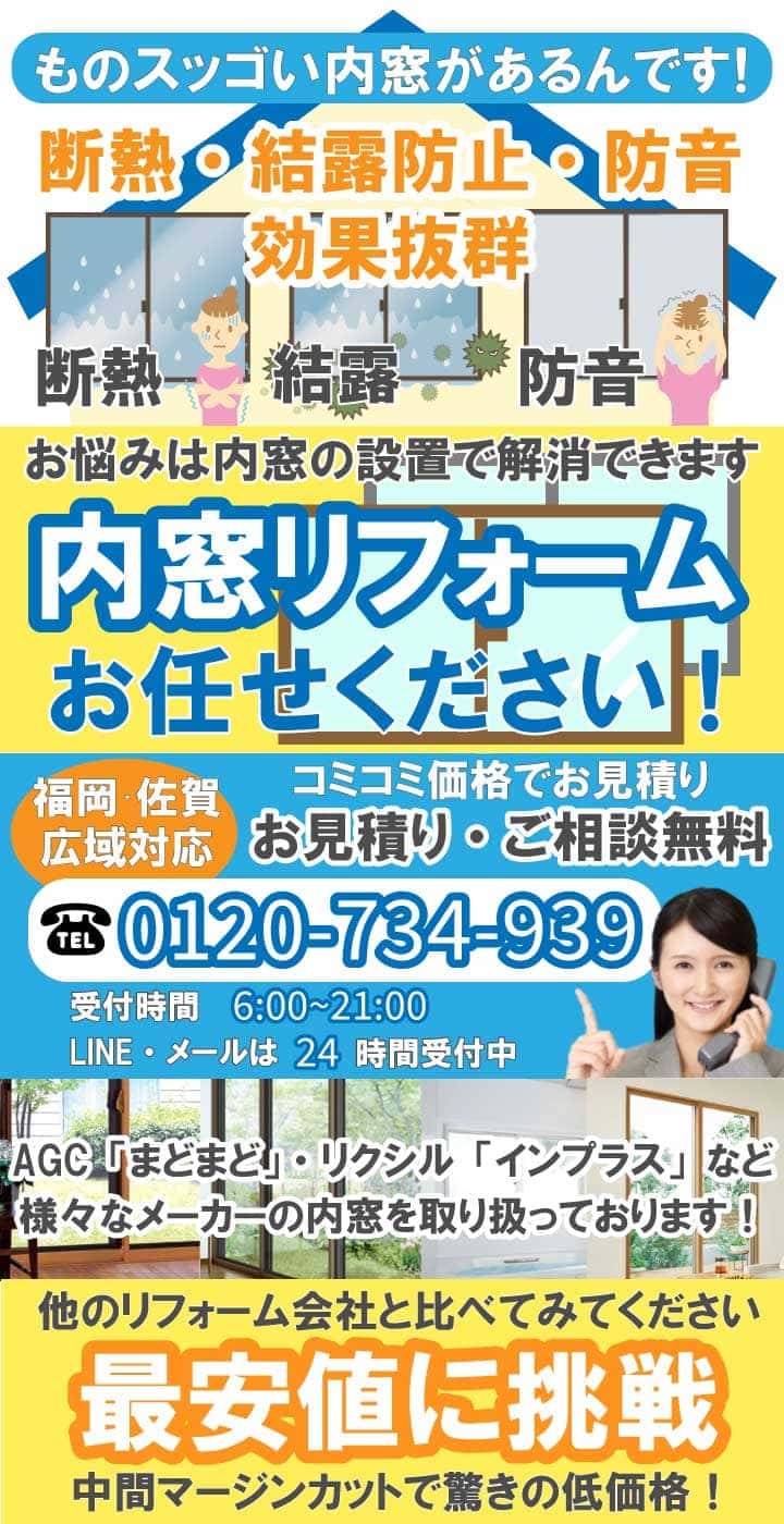 内窓リフォーム 二重窓 二重サッシ にかかる費用 無料見積もり可 断熱 結露防止 防音効果について解説 ガラス鏡のよろずリフォーム