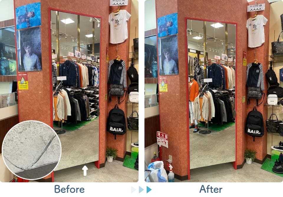 福岡県北九州市M様衣料品店試着室ドア姿見鏡修理交換ビフォーアフター